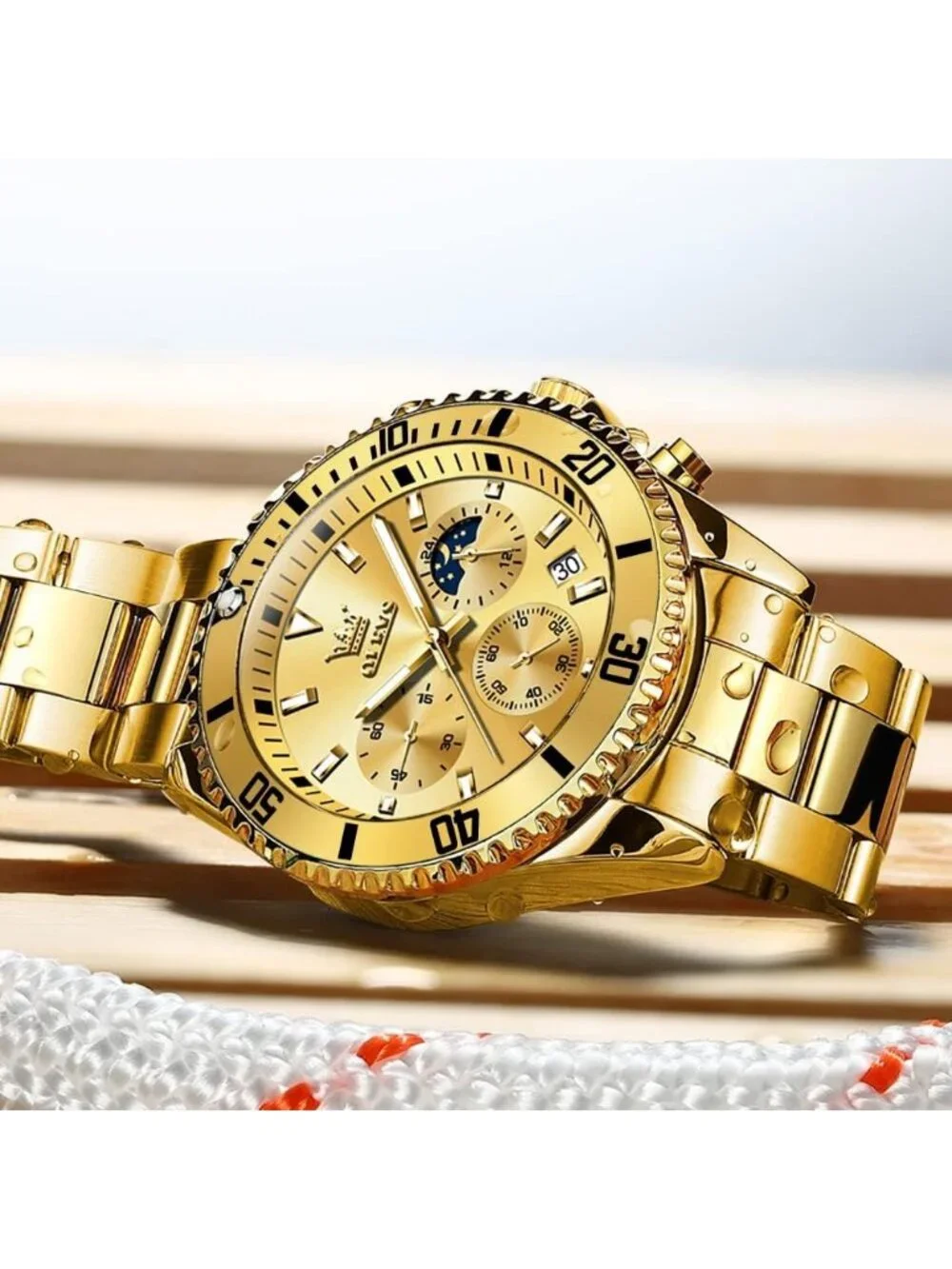 Men's All Gold Premium Solid Stainless Analog Rotatable Bezel Date Steel Watch